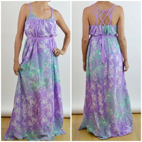 Umgee Cage Back Strappy Belted Maxi Dress Abstract Print Purple Sz Small - Picture 1 of 10